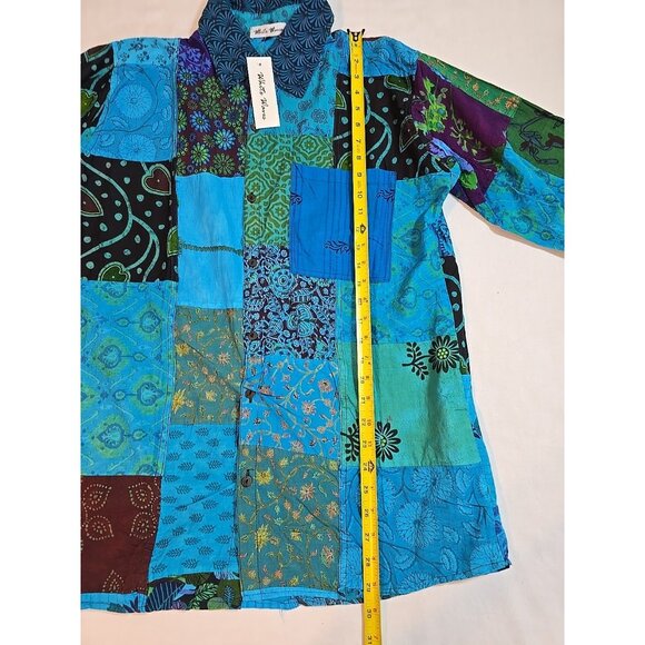 Turquoise Patchwork Unisex Boho Vintage Style Shirt button up front size L New - Picture 11 of 14